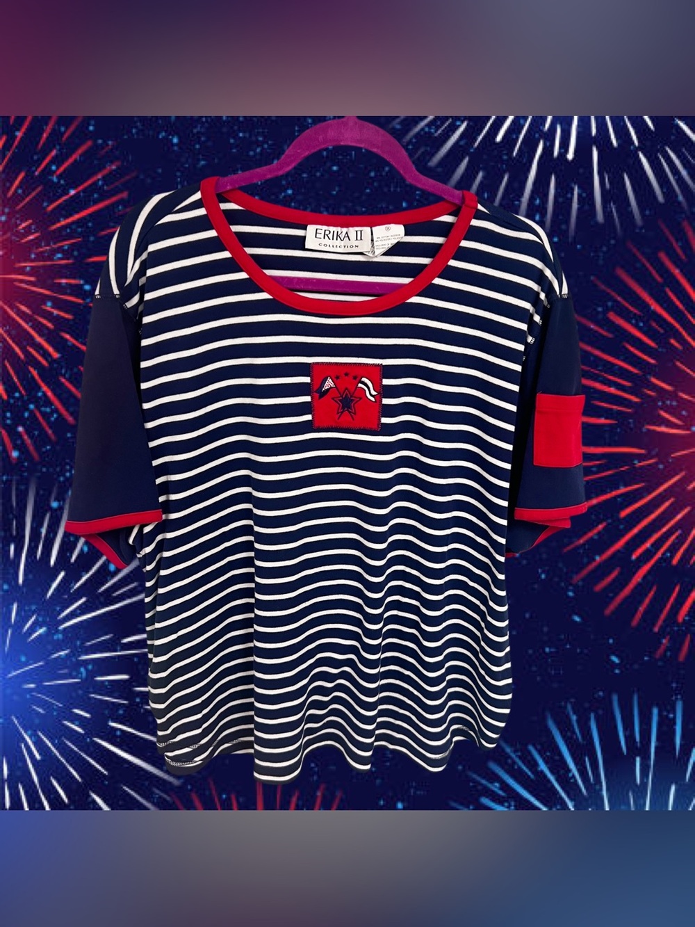 Vintage Erika II red and blue striped tee with flag patch